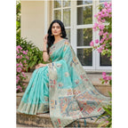 Seduva Women's Linen Cotton Printed Saree With Unstitched Blouse 5.5Mtr (Sky Blue)