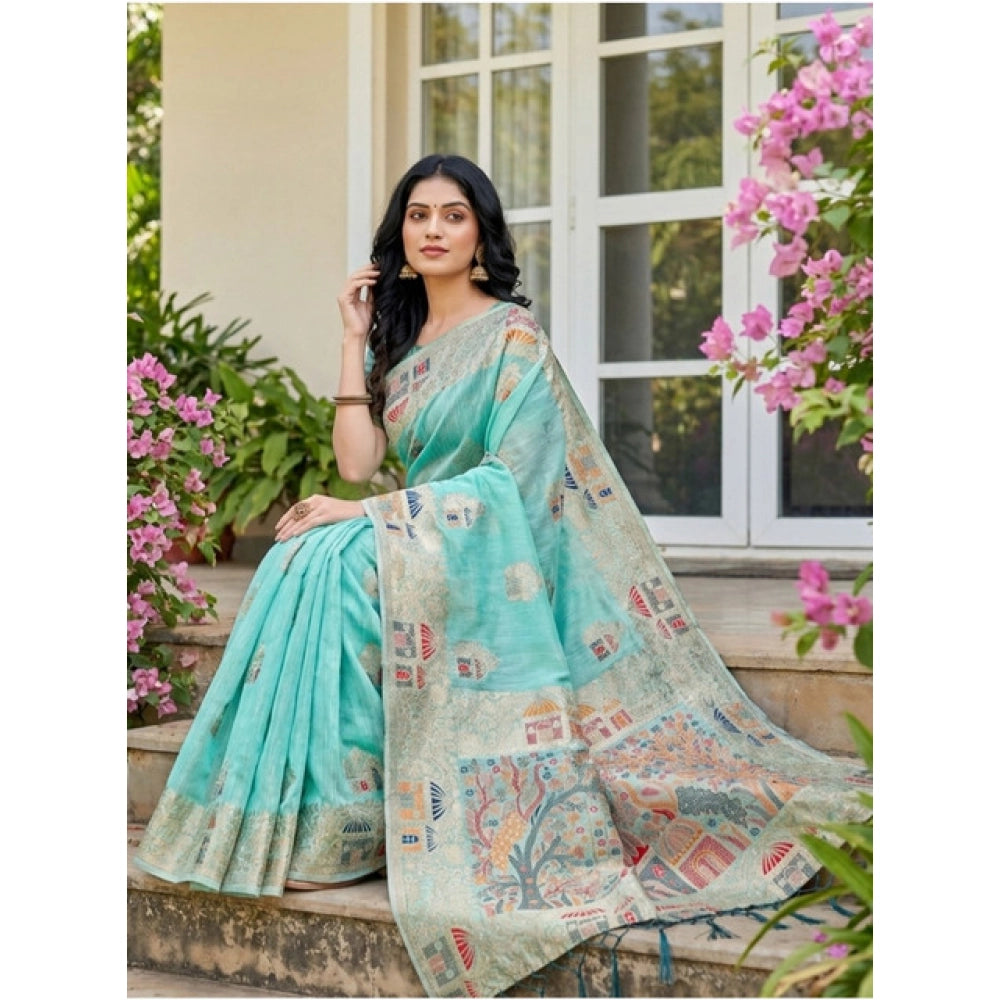 Seduva Women's Linen Cotton Printed Saree With Unstitched Blouse 5.5Mtr (Sky Blue)