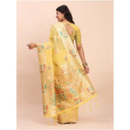 Seduva Women's Linen Cotton Printed Saree With Unstitched Blouse 5.5Mtr (Yellow)