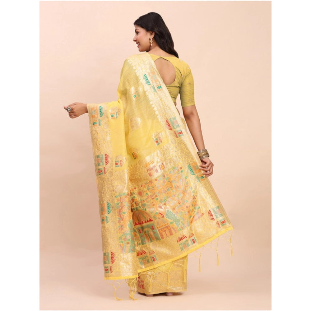 Seduva Women's Linen Cotton Printed Saree With Unstitched Blouse 5.5Mtr (Yellow)