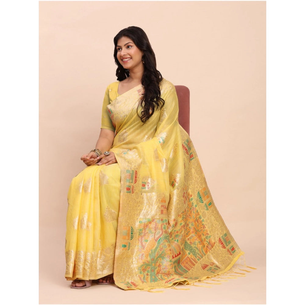 Seduva Women's Linen Cotton Printed Saree With Unstitched Blouse 5.5Mtr (Yellow)
