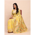 Seduva Women's Linen Cotton Printed Saree With Unstitched Blouse 5.5Mtr (Yellow)