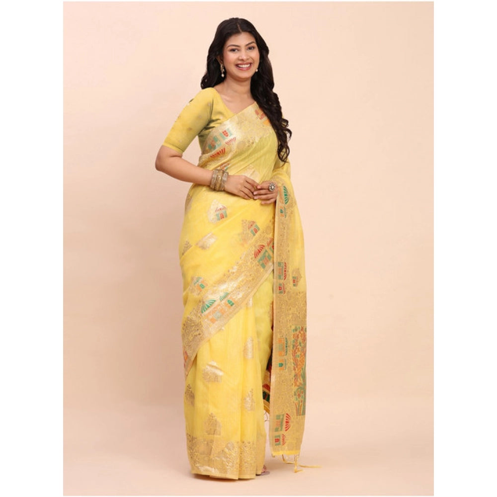 Seduva Women's Linen Cotton Printed Saree With Unstitched Blouse 5.5Mtr (Yellow)