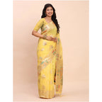 Seduva Women's Linen Cotton Printed Saree With Unstitched Blouse 5.5Mtr (Yellow)