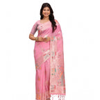 Seduva Women's Linen Cotton Printed Saree With Unstitched Blouse 5.5Mtr (Pink)