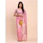 Seduva Women's Linen Cotton Printed Saree With Unstitched Blouse 5.5Mtr (Pink)