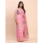 Seduva Women's Linen Cotton Printed Saree With Unstitched Blouse 5.5Mtr (Pink)
