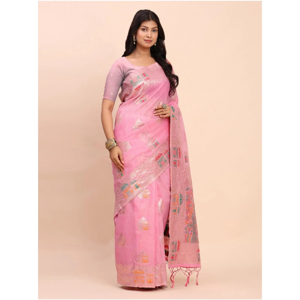Seduva Women's Linen Cotton Printed Saree With Unstitched Blouse 5.5Mtr (Pink)
