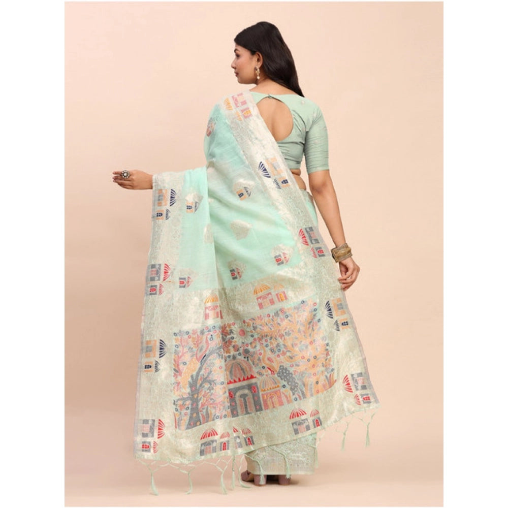 Seduva Women's Linen Cotton Printed Saree With Unstitched Blouse 5.5Mtr (Sea Green)