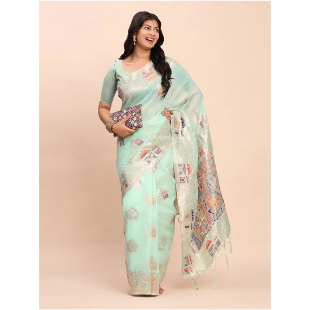 Seduva Women's Linen Cotton Printed Saree With Unstitched Blouse 5.5Mtr (Sea Green)