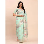Seduva Women's Linen Cotton Printed Saree With Unstitched Blouse 5.5Mtr (Sea Green)