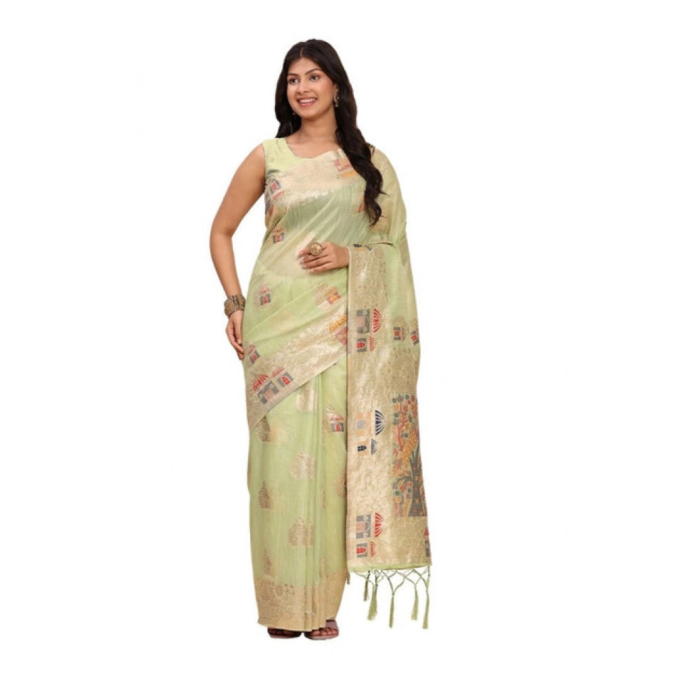 Seduva Women's Linen Cotton Printed Saree With Unstitched Blouse 5.5Mtr (Light Green)
