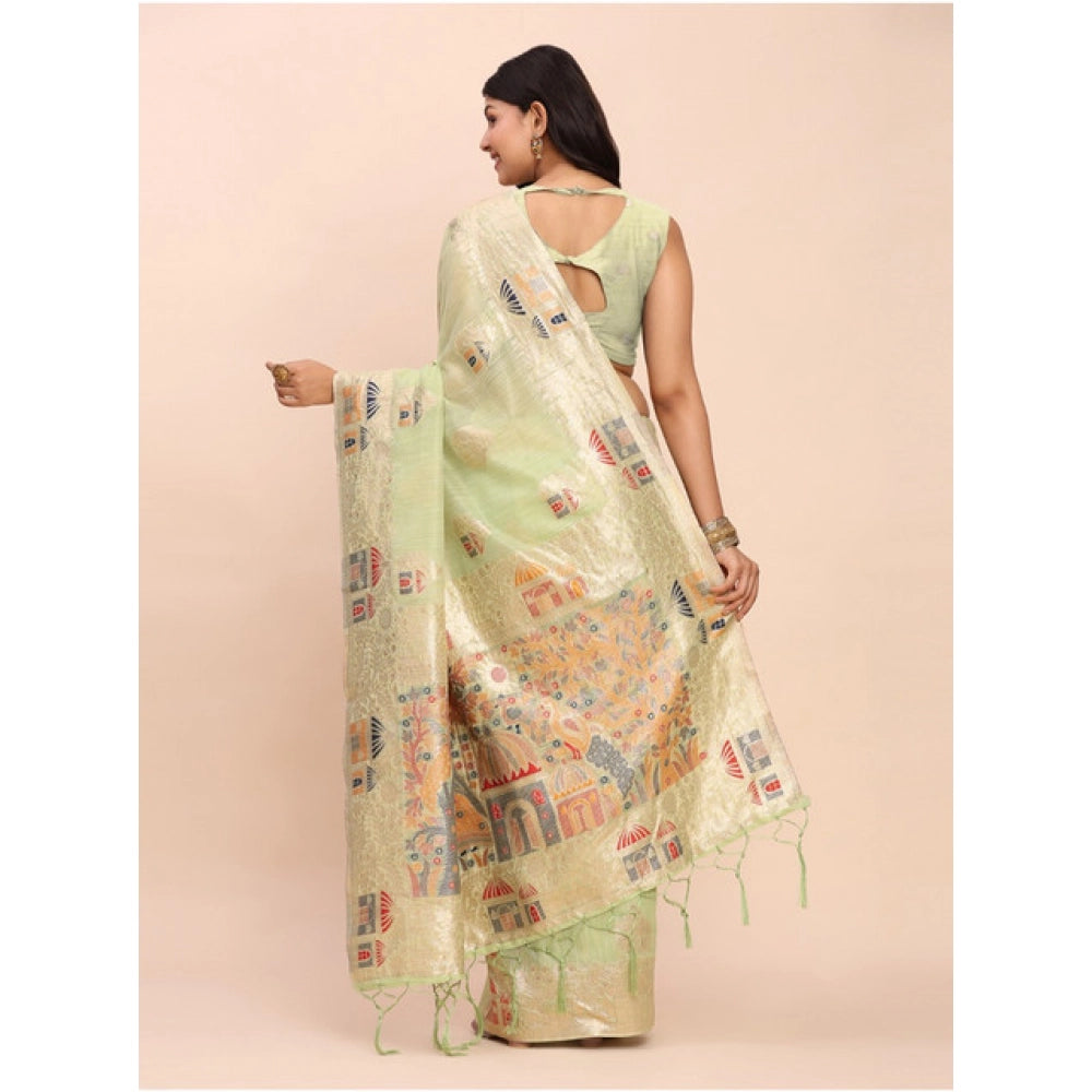 Seduva Women's Linen Cotton Printed Saree With Unstitched Blouse 5.5Mtr (Light Green)
