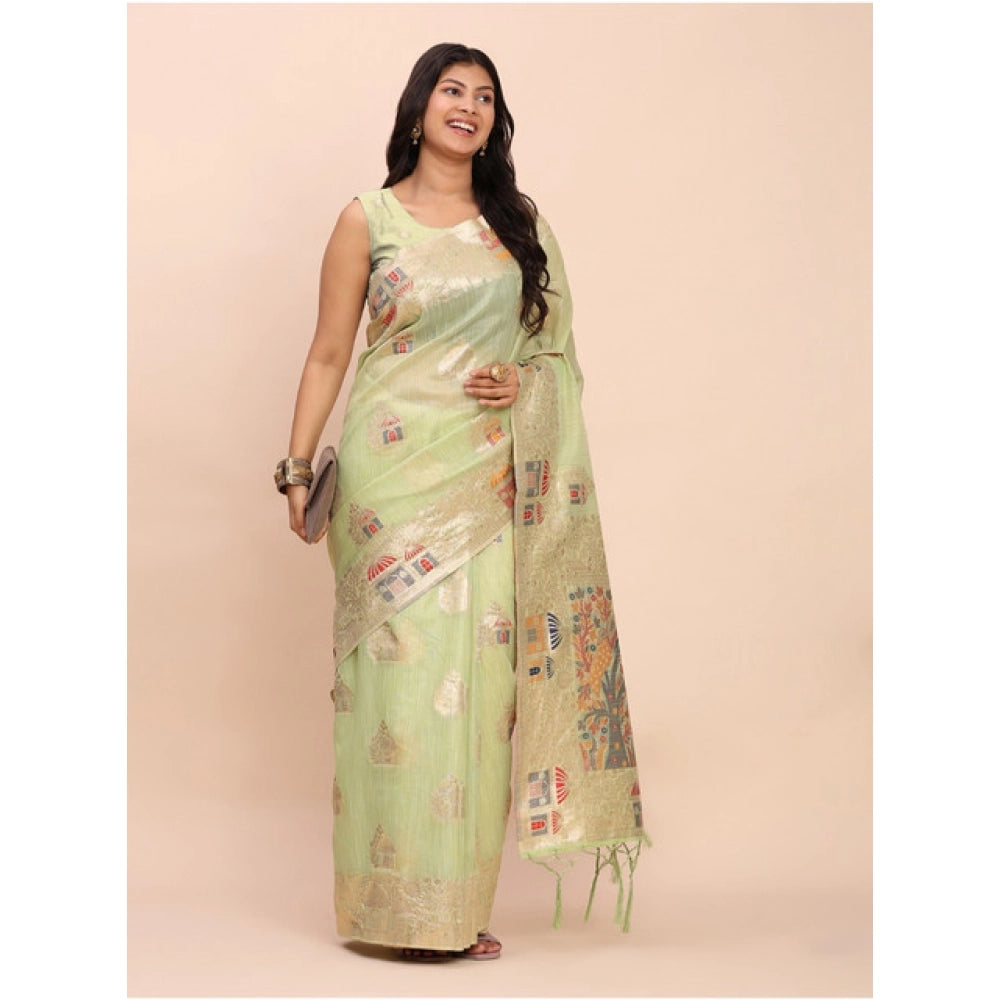 Seduva Women's Linen Cotton Printed Saree With Unstitched Blouse 5.5Mtr (Light Green)