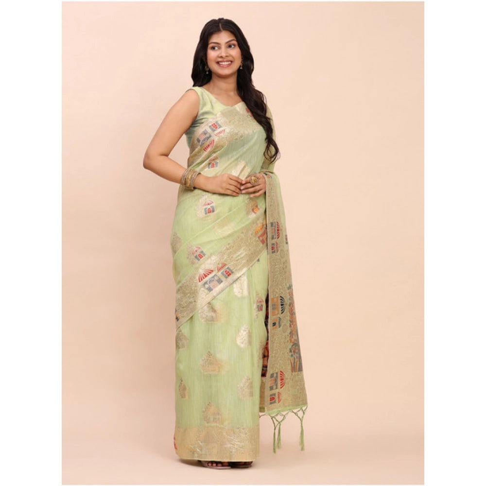 Seduva Women's Linen Cotton Printed Saree With Unstitched Blouse 5.5Mtr (Light Green)