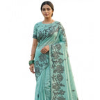 Seduva Women's Linen Cotton Printed Saree With Unstitched Blouse 5.5Mtr (Sea Green)