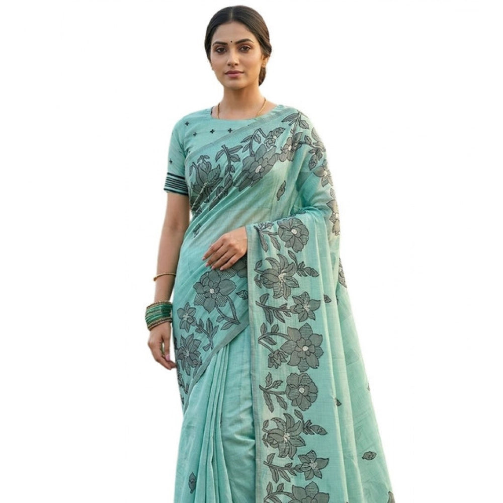 Seduva Women's Linen Cotton Printed Saree With Unstitched Blouse 5.5Mtr (Sea Green)