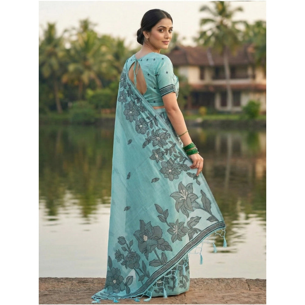 Seduva Women's Linen Cotton Printed Saree With Unstitched Blouse 5.5Mtr (Sea Green)
