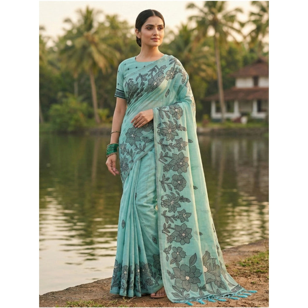 Seduva Women's Linen Cotton Printed Saree With Unstitched Blouse 5.5Mtr (Sea Green)