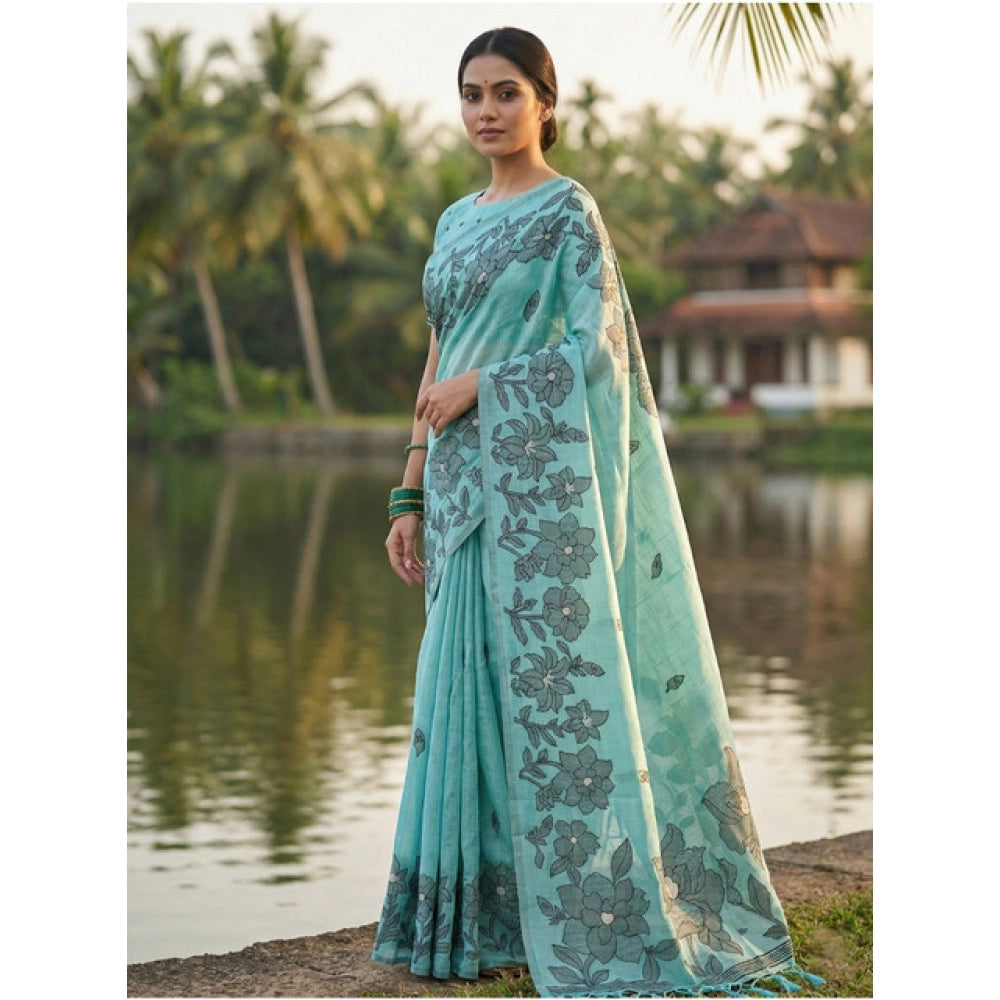 Seduva Women's Linen Cotton Printed Saree With Unstitched Blouse 5.5Mtr (Sea Green)