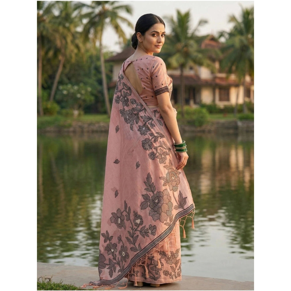 Seduva Women's Linen Cotton Printed Saree With Unstitched Blouse 5.5Mtr (Peach)