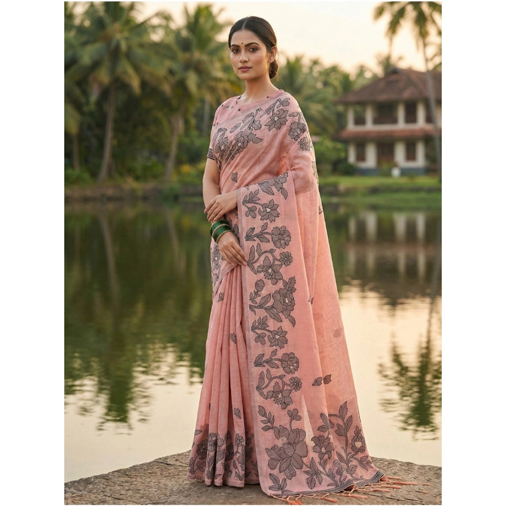 Seduva Women's Linen Cotton Printed Saree With Unstitched Blouse 5.5Mtr (Peach)