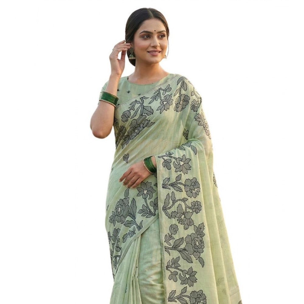 Seduva Women's Linen Cotton Printed Saree With Unstitched Blouse 5.5Mtr (Light Green)