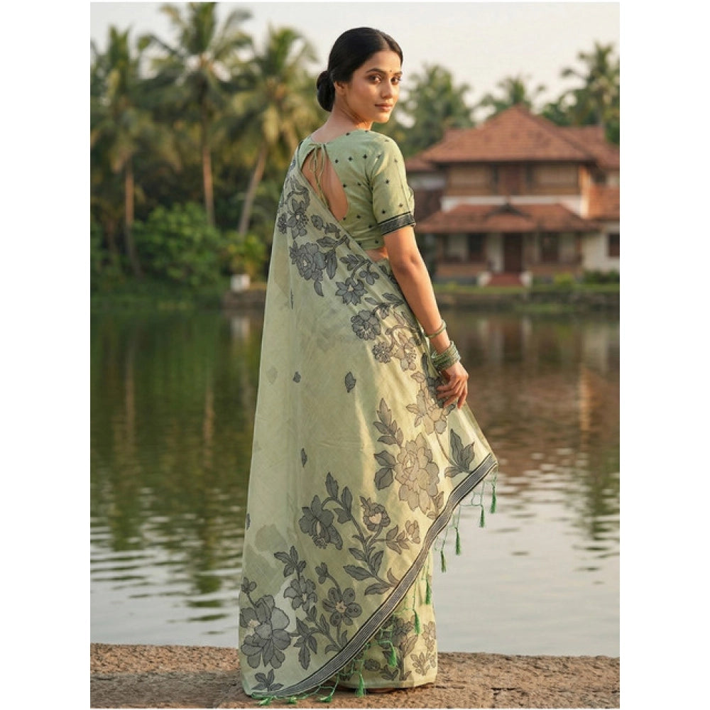 Seduva Women's Linen Cotton Printed Saree With Unstitched Blouse 5.5Mtr (Light Green)