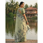 Seduva Women's Linen Cotton Printed Saree With Unstitched Blouse 5.5Mtr (Light Green)