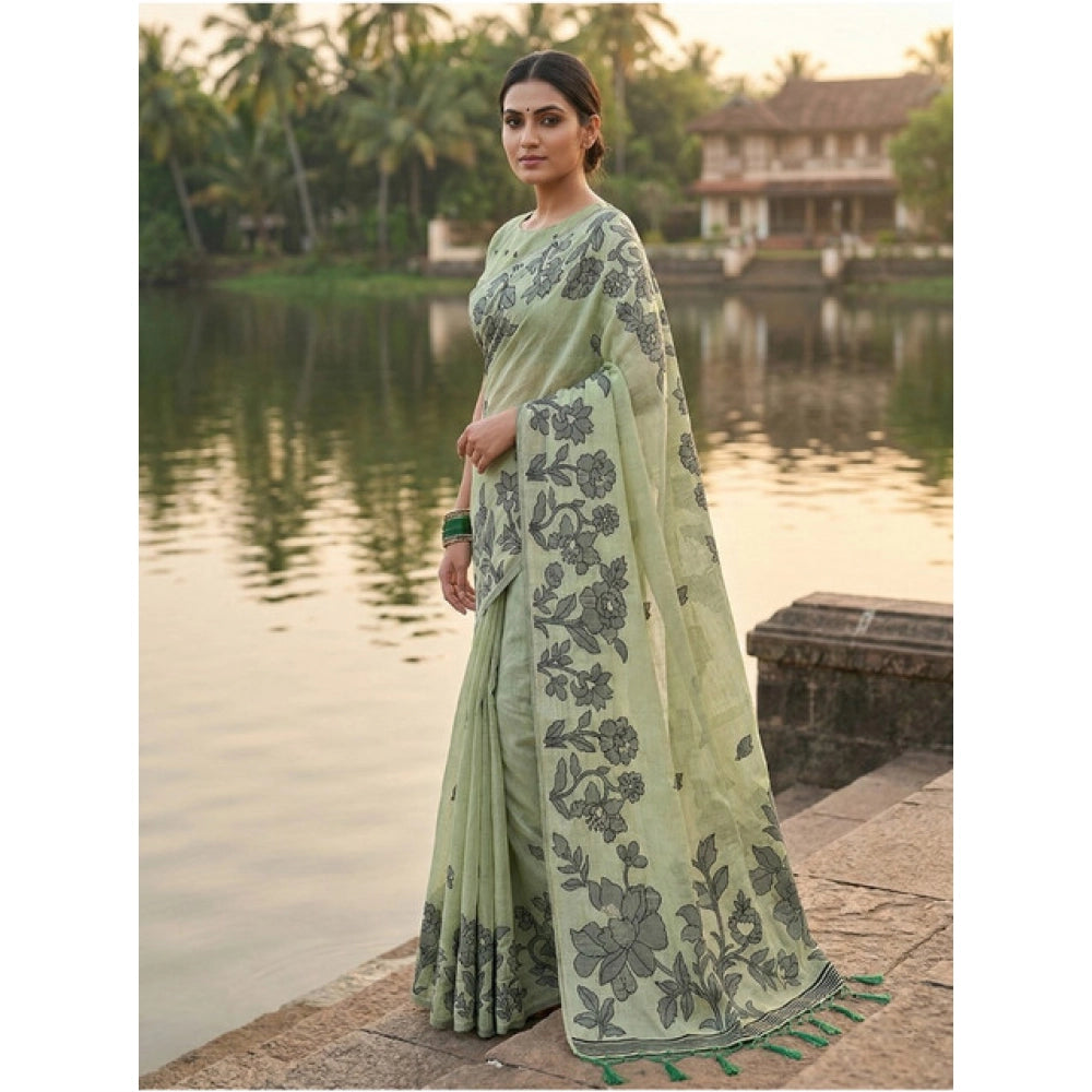 Seduva Women's Linen Cotton Printed Saree With Unstitched Blouse 5.5Mtr (Light Green)