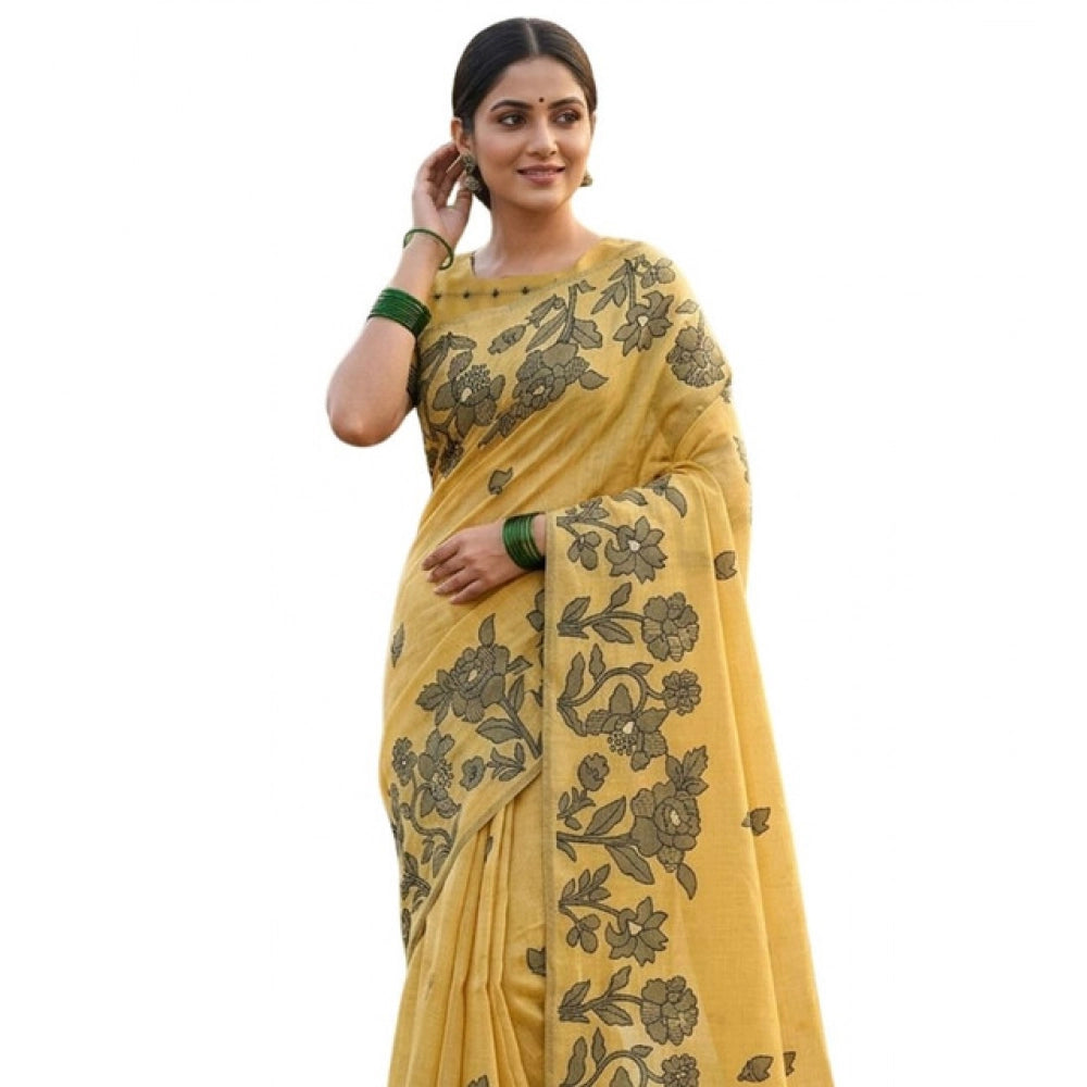 Seduva Women's Linen Cotton Printed Saree With Unstitched Blouse 5.5Mtr (Yellow)