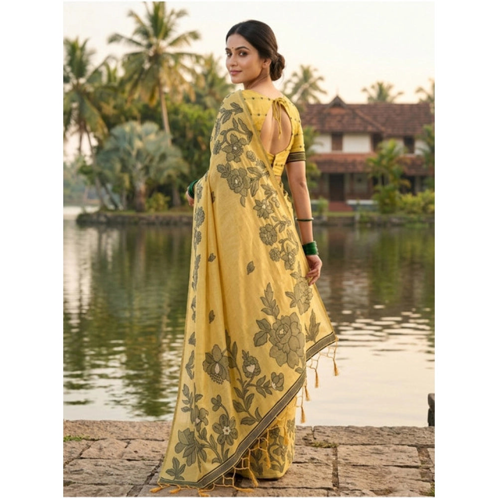 Seduva Women's Linen Cotton Printed Saree With Unstitched Blouse 5.5Mtr (Yellow)