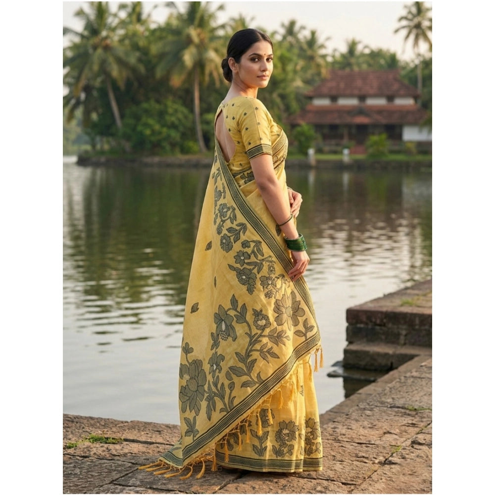 Seduva Women's Linen Cotton Printed Saree With Unstitched Blouse 5.5Mtr (Yellow)