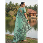 Seduva Women's Linen Cotton Printed Saree With Unstitched Blouse 5.5Mtr (Rama Green)