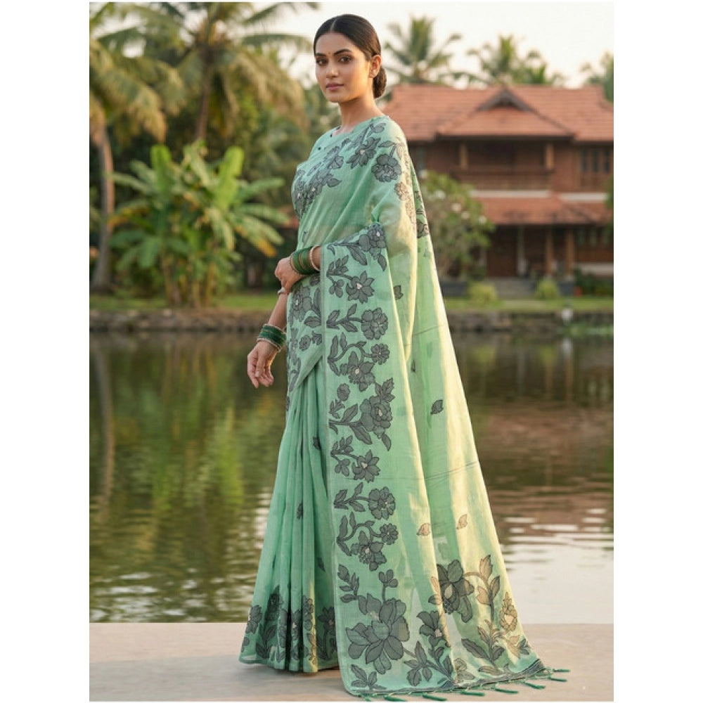Seduva Women's Linen Cotton Printed Saree With Unstitched Blouse 5.5Mtr (Rama Green)