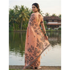 Seduva Women's Linen Cotton Printed Saree With Unstitched Blouse 5.5Mtr (Orange)