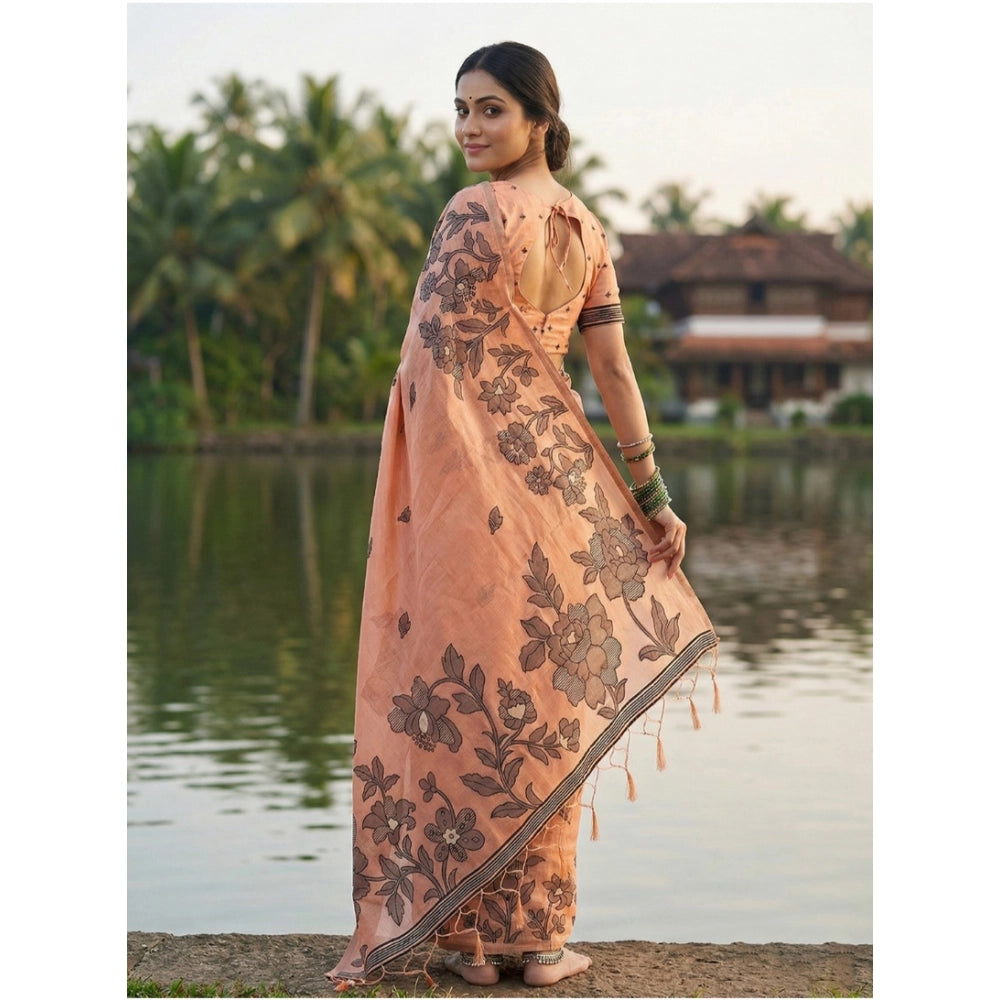 Seduva Women's Linen Cotton Printed Saree With Unstitched Blouse 5.5Mtr (Orange)