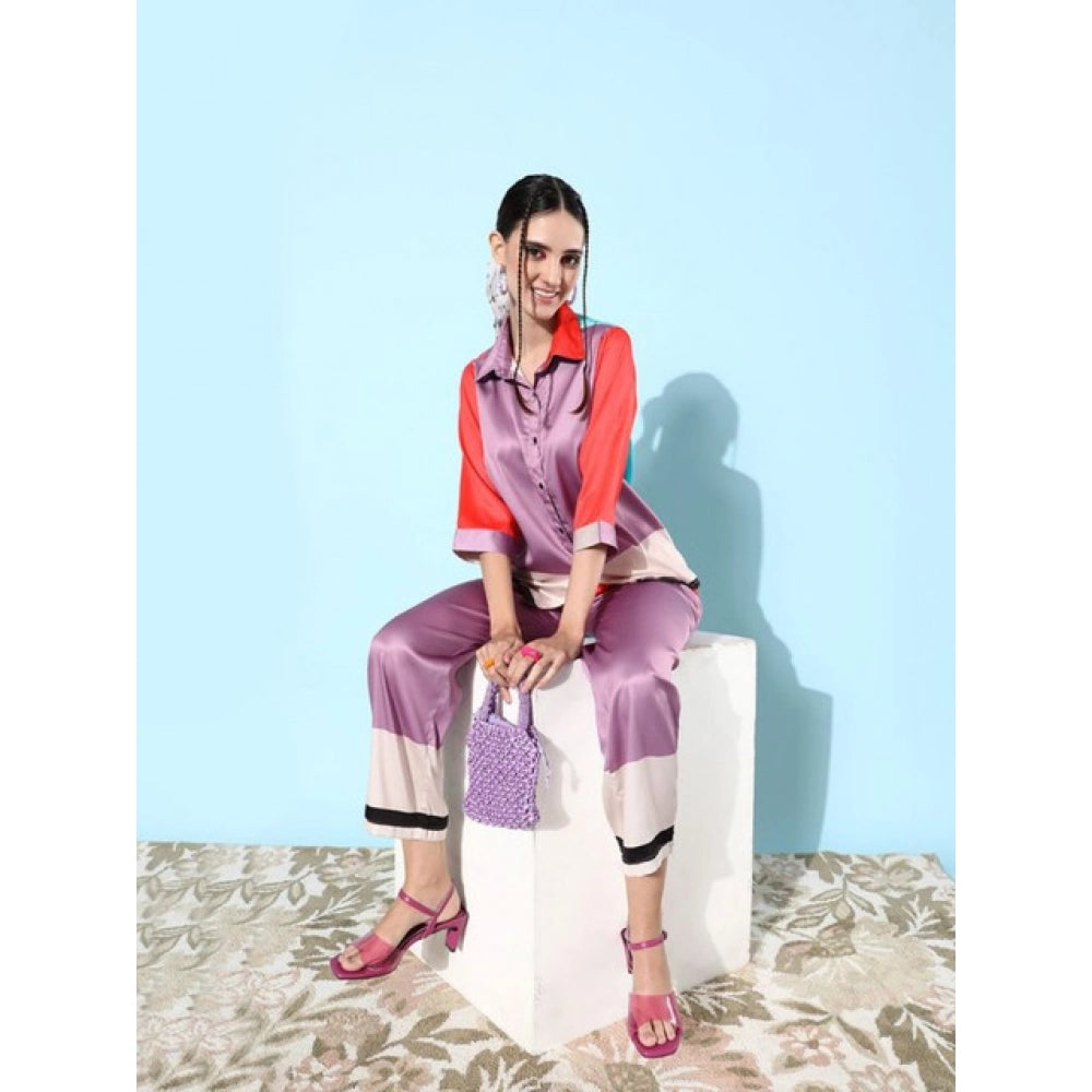 Seduva Women's Satin Colour Block Long Sleeves Co-Ord Set (Multicolor)