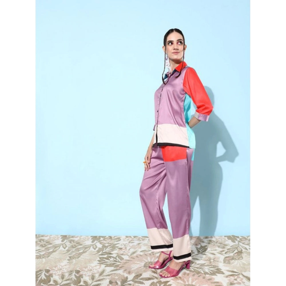 Seduva Women's Satin Colour Block Long Sleeves Co-Ord Set (Multicolor)