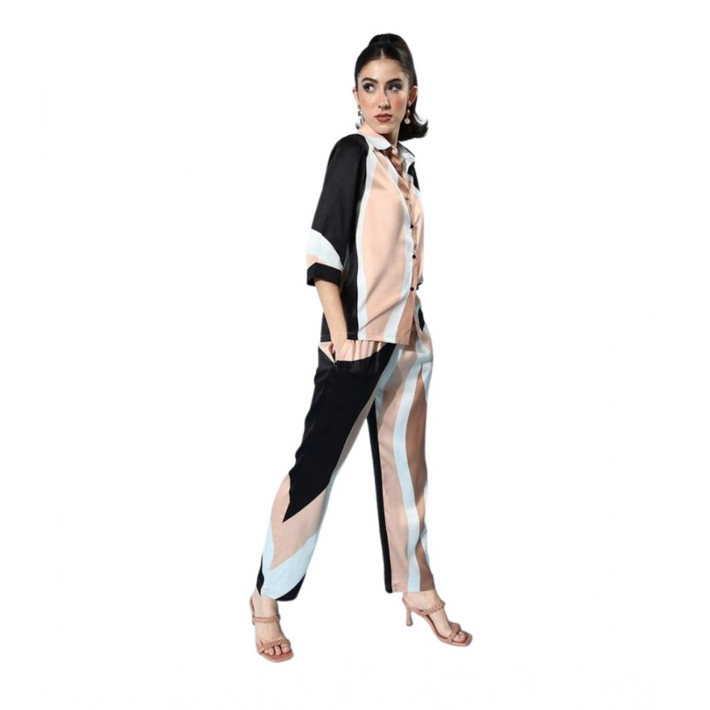 Seduva Women's Satin Colour Block Long Sleeves Co-Ord Set (Beige - Black)