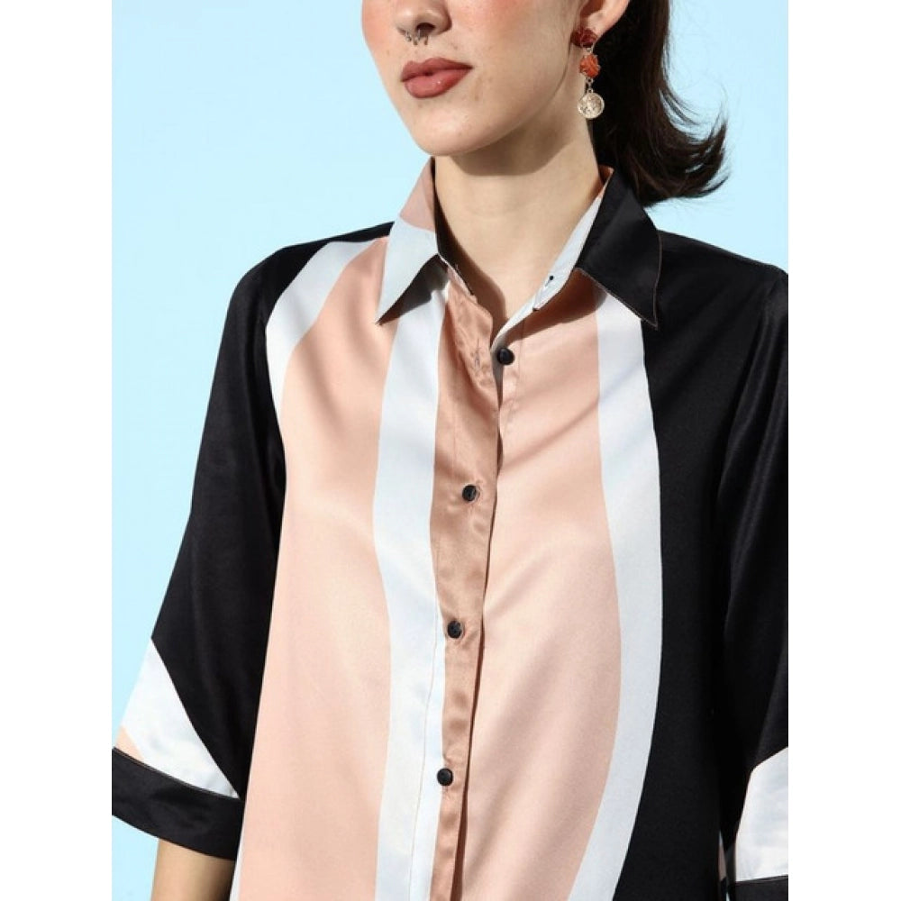 Seduva Women's Satin Colour Block Long Sleeves Co-Ord Set (Beige - Black)