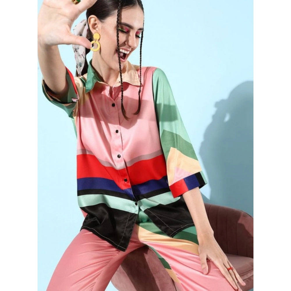 Seduva Women's Satin Colour Block Long Sleeves Co-Ord Set (Multicolor)