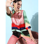 Seduva Women's Satin Colour Block Long Sleeves Co-Ord Set (Multicolor)