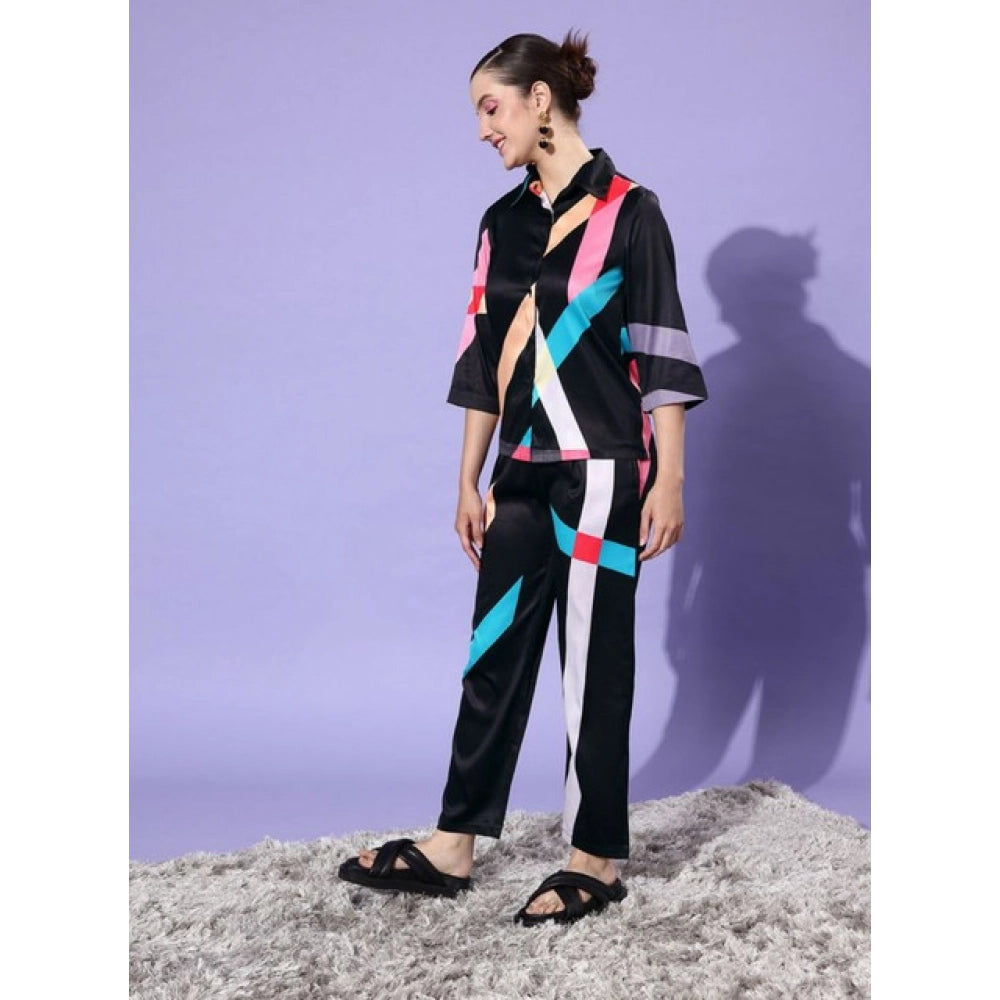 Seduva Women's Satin Colour Block Long Sleeves Co-Ord Set (Multicolor)