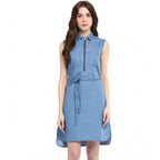 Seduva Women's Denim Solid Sleeveless Dress (Blue)
