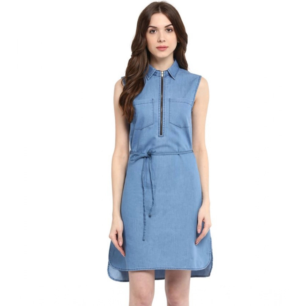 Seduva Women's Denim Solid Sleeveless Dress (Blue)