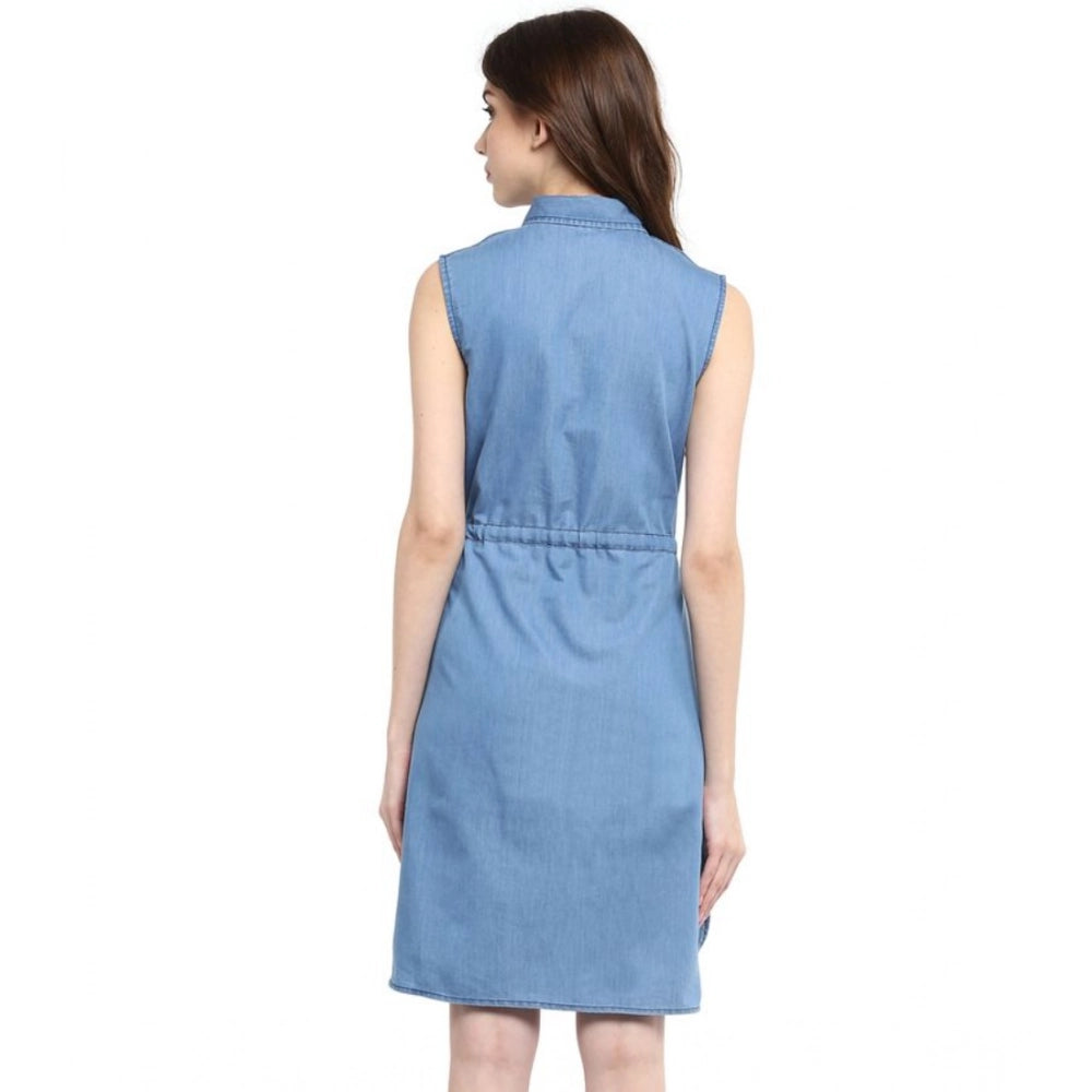 Seduva Women's Denim Solid Sleeveless Dress (Blue)