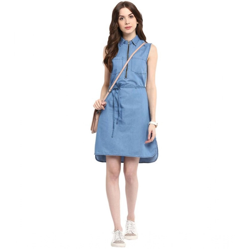 Seduva Women's Denim Solid Sleeveless Dress (Blue)