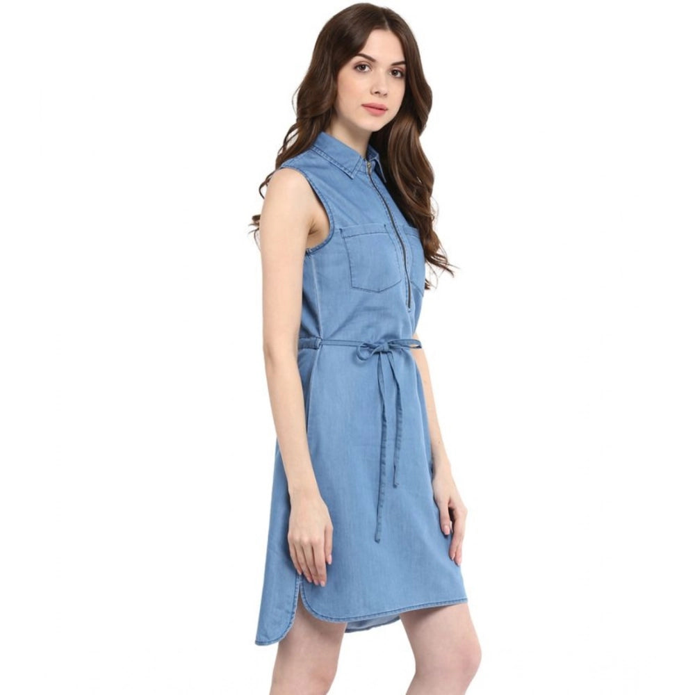 Seduva Women's Denim Solid Sleeveless Dress (Blue)