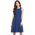 Seduva Women's Denim Solid Sleeveless Dress (Blue)